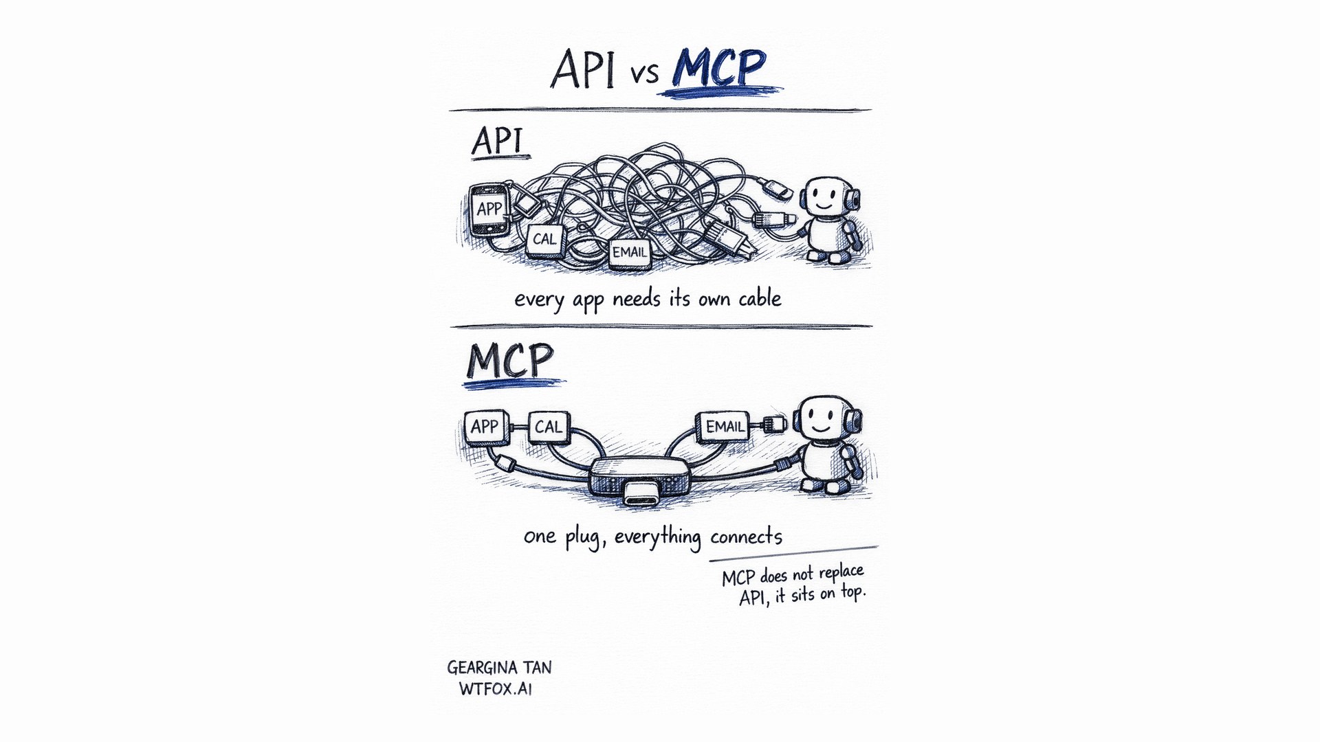 Hand-drawn sketch by Geargina Tan (Coach Gina), Singapore's AI expert and COO of WTFox.ai: API vs MCP, explained simply. Tangled cables from app boxes into a robot show one-by-one API connections; a single USB-C hub below shows MCP as the one universal plug. AI training for teams in Singapore.